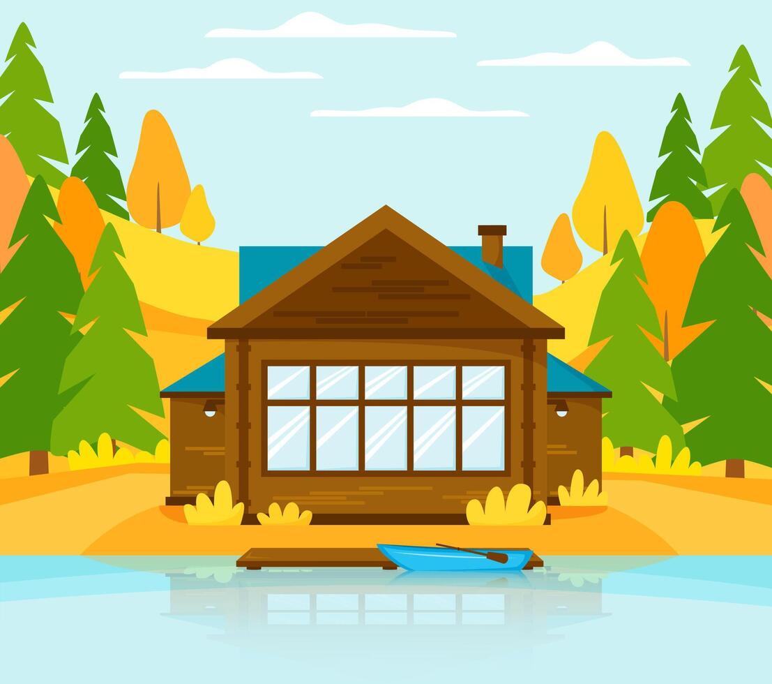 Cabin by the lake in autumn vector