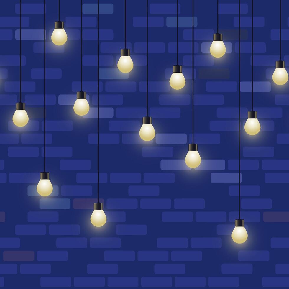 Glowing light bulb garland. Repeated decorative lamp garland on brick wall background. Shiny lamps, vector