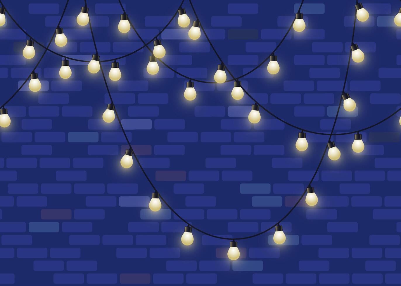 Glowing light bulb garland on brick wall background. Repeated decorative lamp garland wallpaper. Shiny lamps, vector