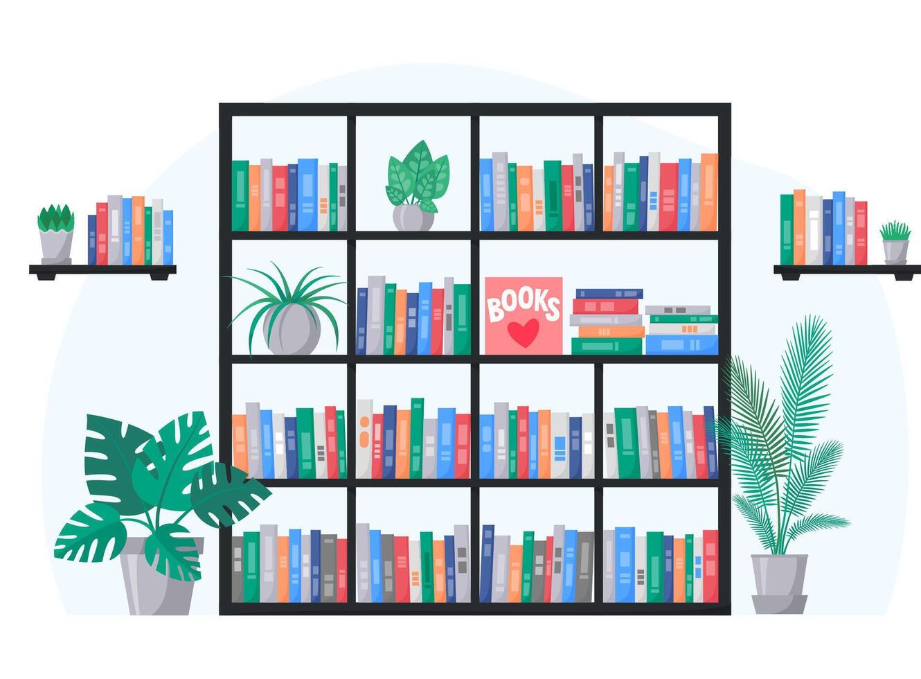 Colorful bookshelf with plants vector