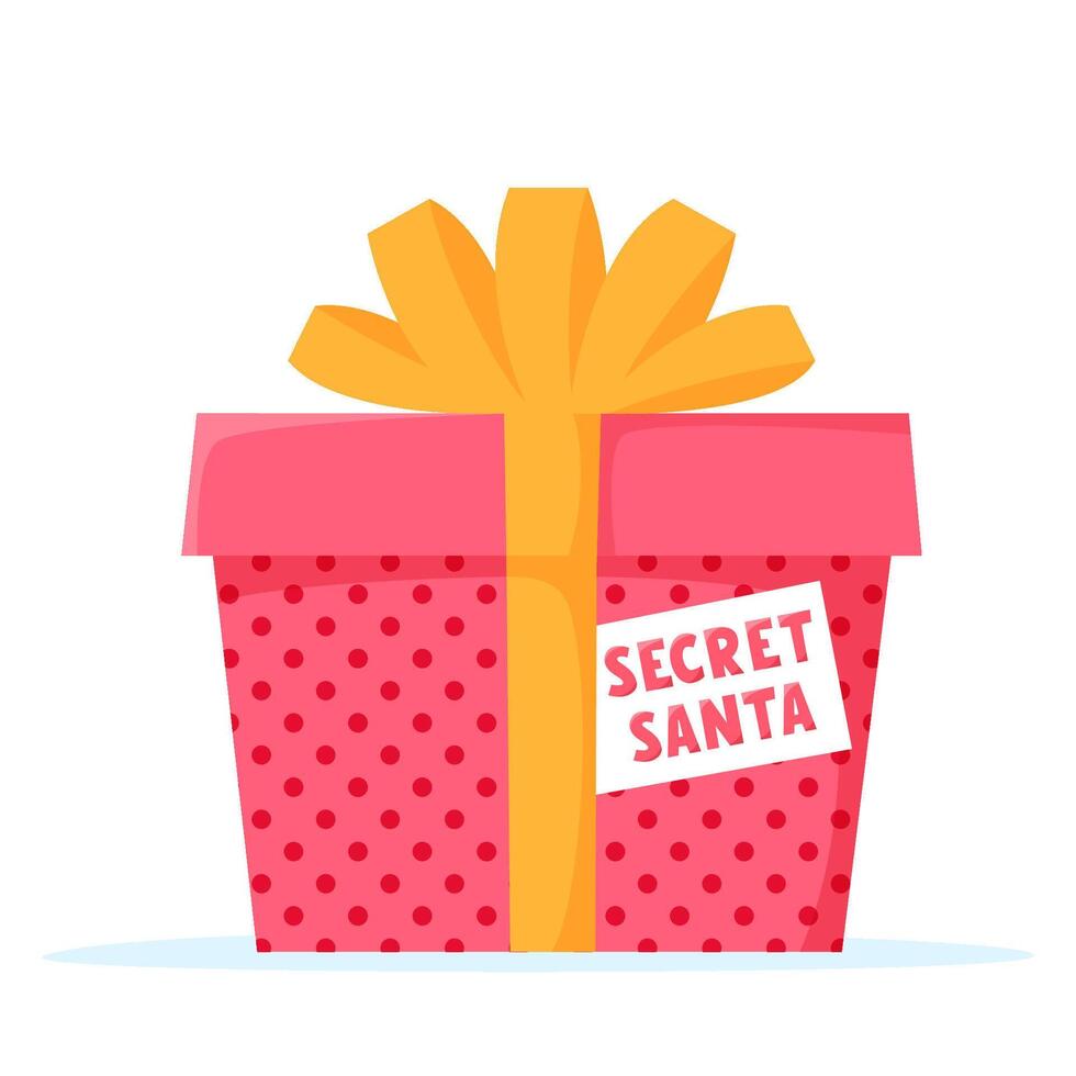 Secret Santa gift with tag. Christmas surprise present in wrapped gift box with bow. illustration vector