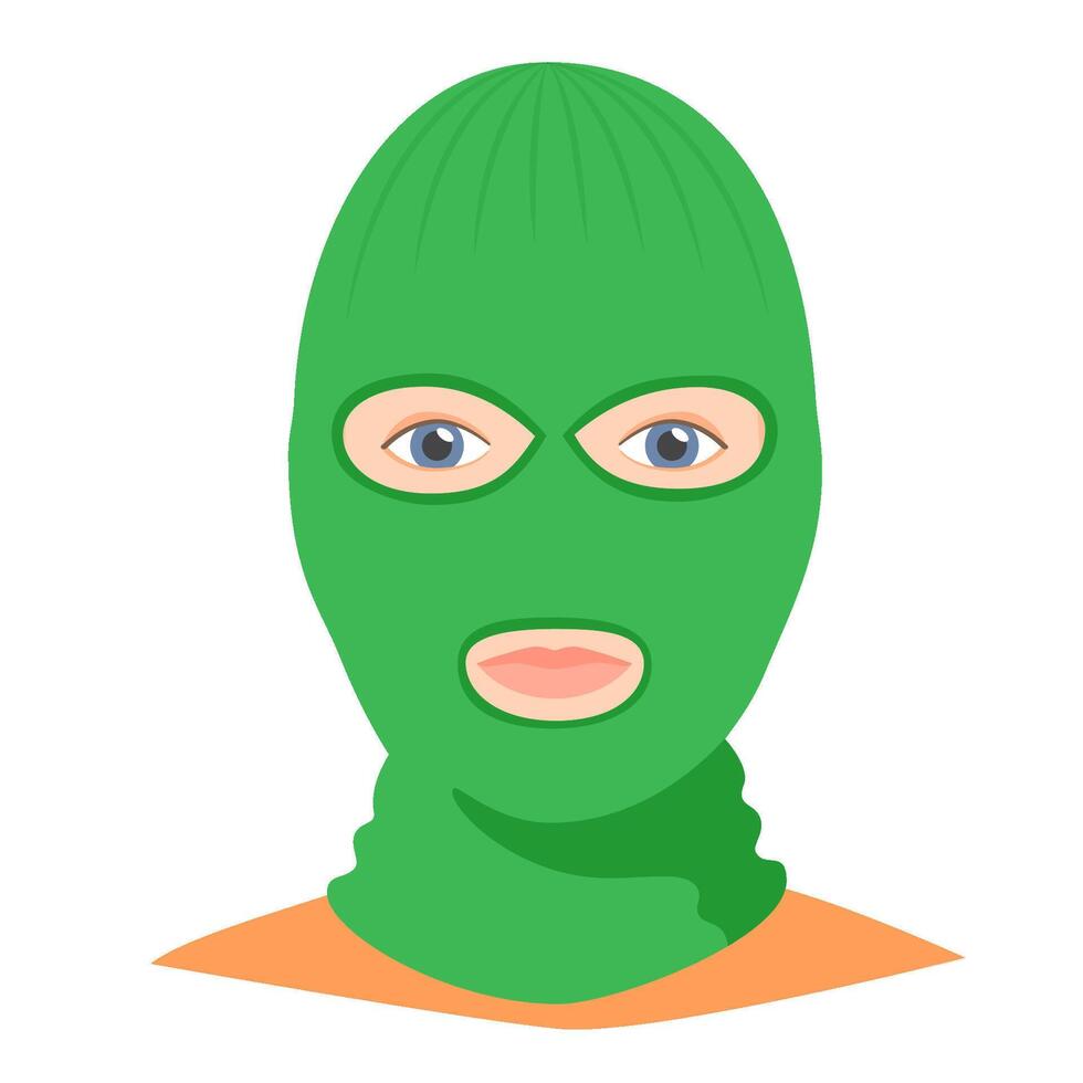 Man wearing balaclava helmet. Trendy worm headgear for cold weather. Facial mask for the whole head to wear under helmet vector
