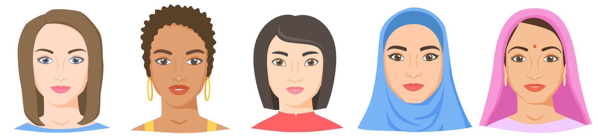 Women with different ethnicity, race and appearance. White, black, Asian, Arab, Indian female faces in flat style. collection vector