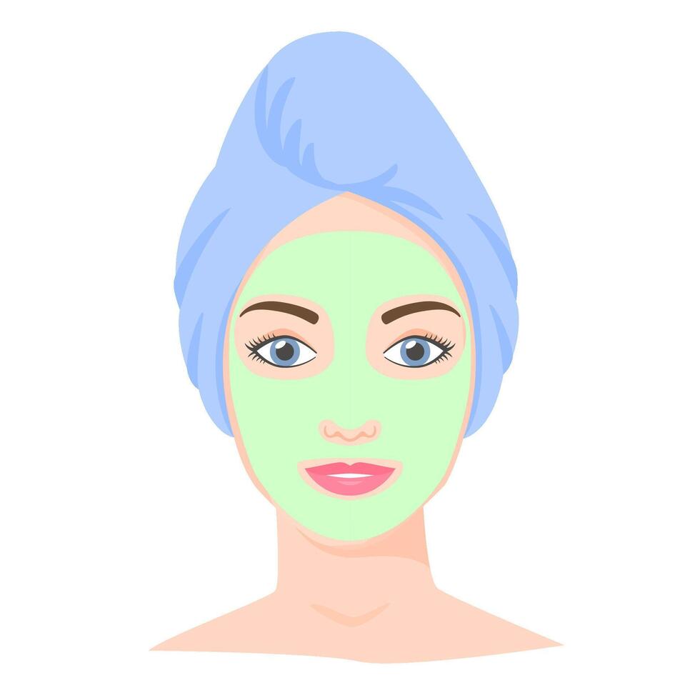 Young white woman with cosmetic mask and towel on head. Skincare procedures at home. Cosmetic clay or sheet mask. vector