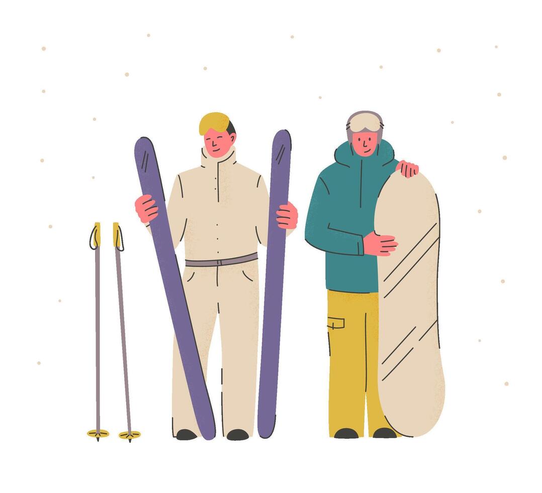 Skier and snowboarder with sport equipment. Smiling people with snowboard and skis. Mountain ski resort in snowing weather. Winter outdoor activity and active rest. vector