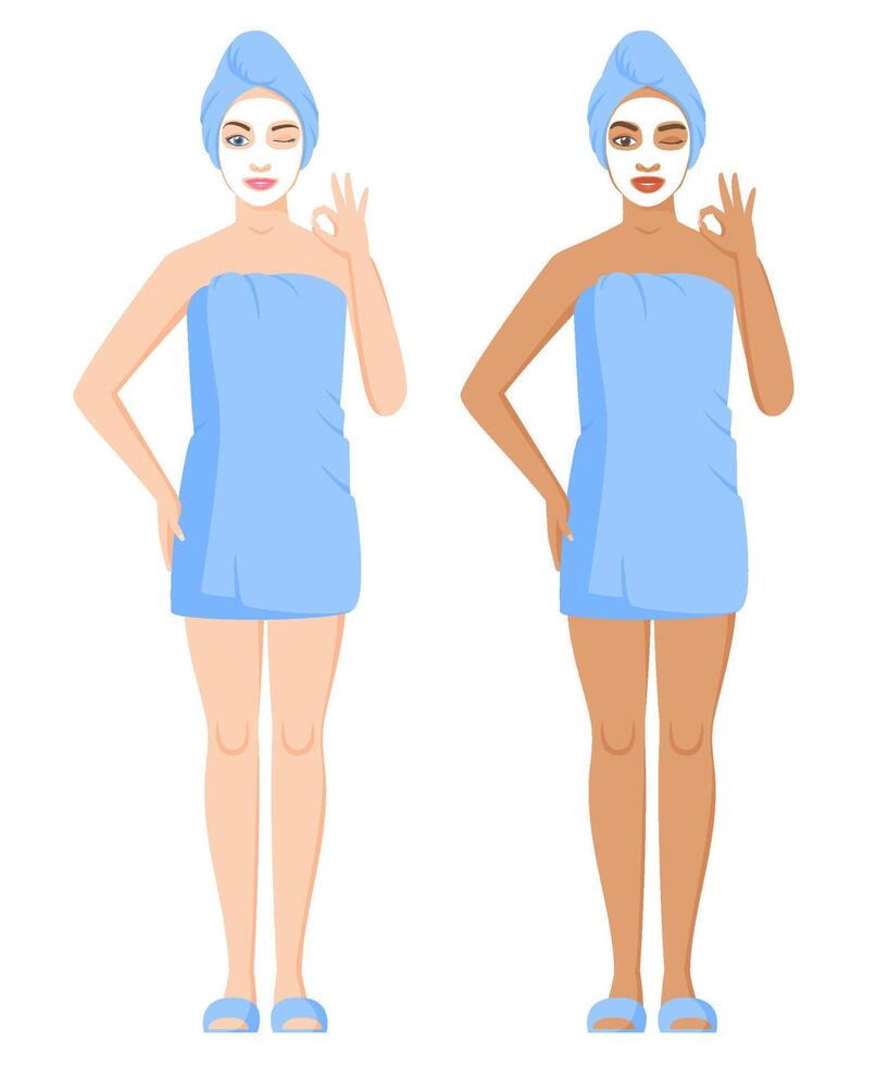 White and black women wrapped in towels after bath or shower. Women using cosmetic clay or sheet mask. Skincare procedures and spa at home. Winking women showing ok gesture. vector
