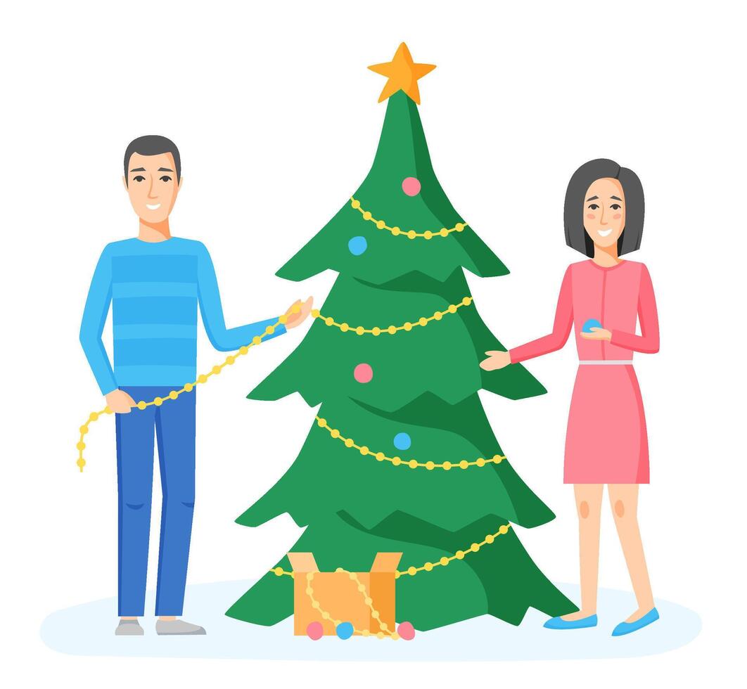 Family decorating Christmas tree with balls, beads, garlands. Happy couple preparing for holiday celebration. illustration in flat style. vector