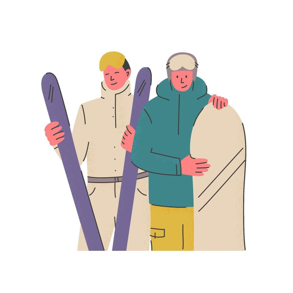 Skier and snowboarder with sport equipment. Smiling people with snowboard and skis. Mountain and ski resort. Winter outdoor activity and active rest. vector