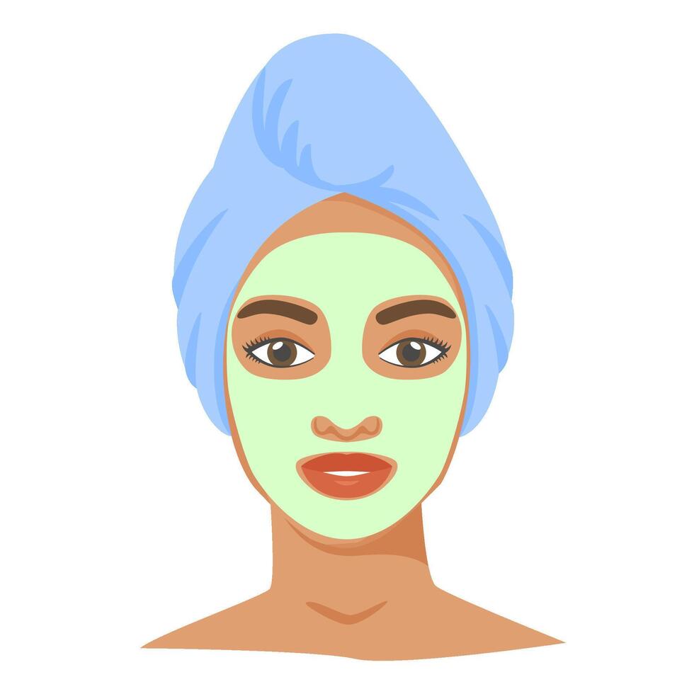Young black woman with cosmetic mask and towel on head. Skincare procedures at home. Cosmetic clay or sheet mask. vector
