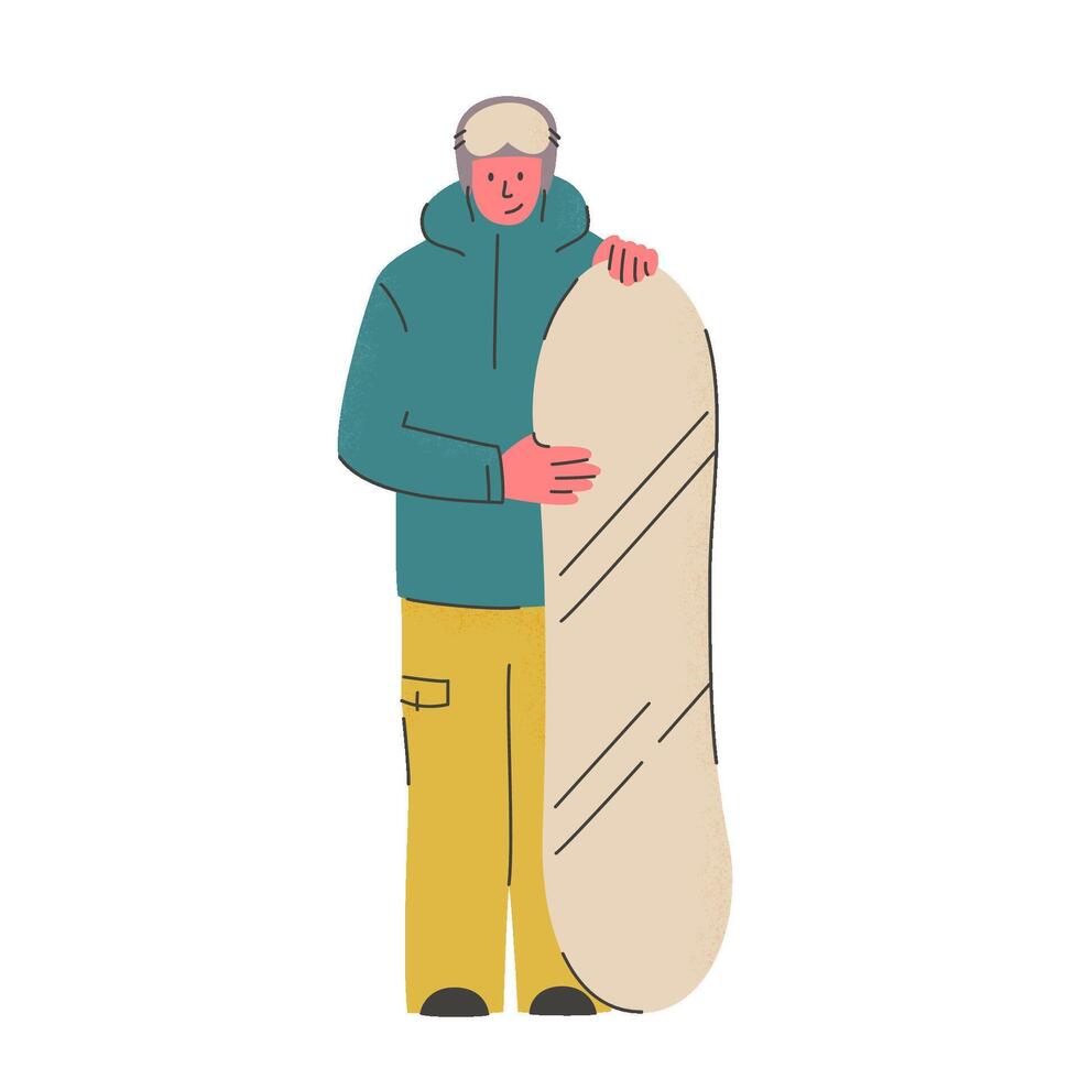 Smiling man in snowboard sport clothes holds a board. Snowboarder standing with equipment. Winter outdoor activity and active rest. vector
