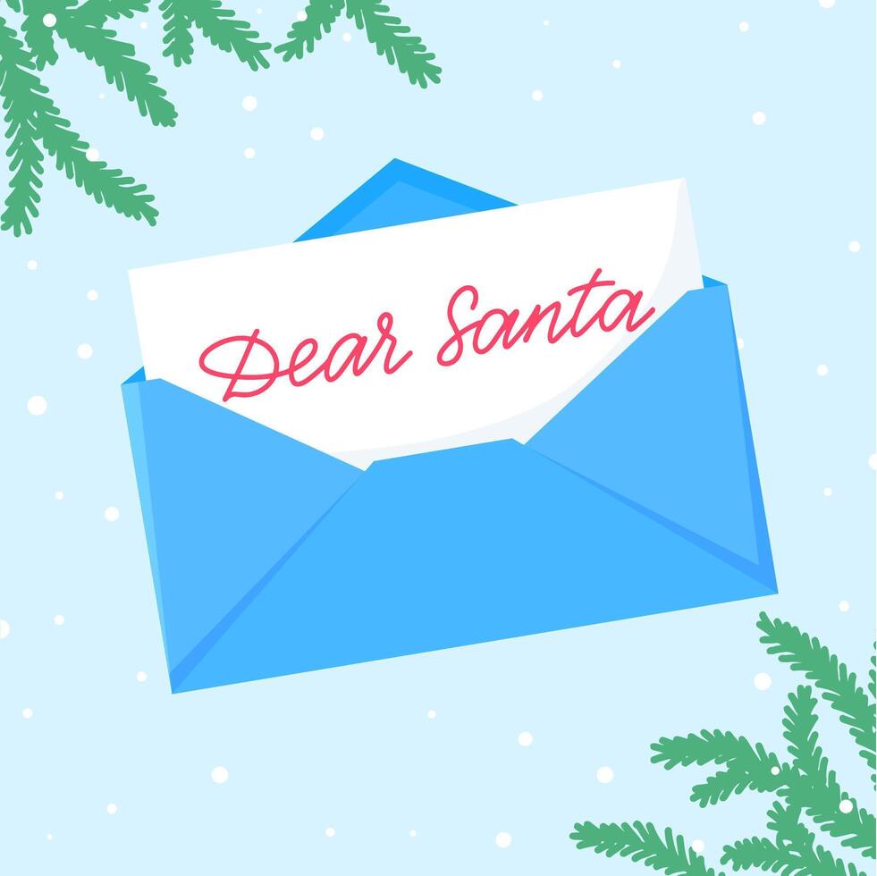 Dear Santa letter to Santa Claus in envelope. Winter holiday or Christmas wishes. Flat illustration vector