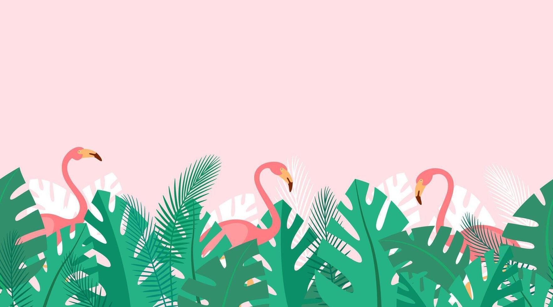 Horizontal repeated pattern with tropical plants and pink flamingos. Summer background with green palm leaves. Simple wallpaper, wallpaper vector