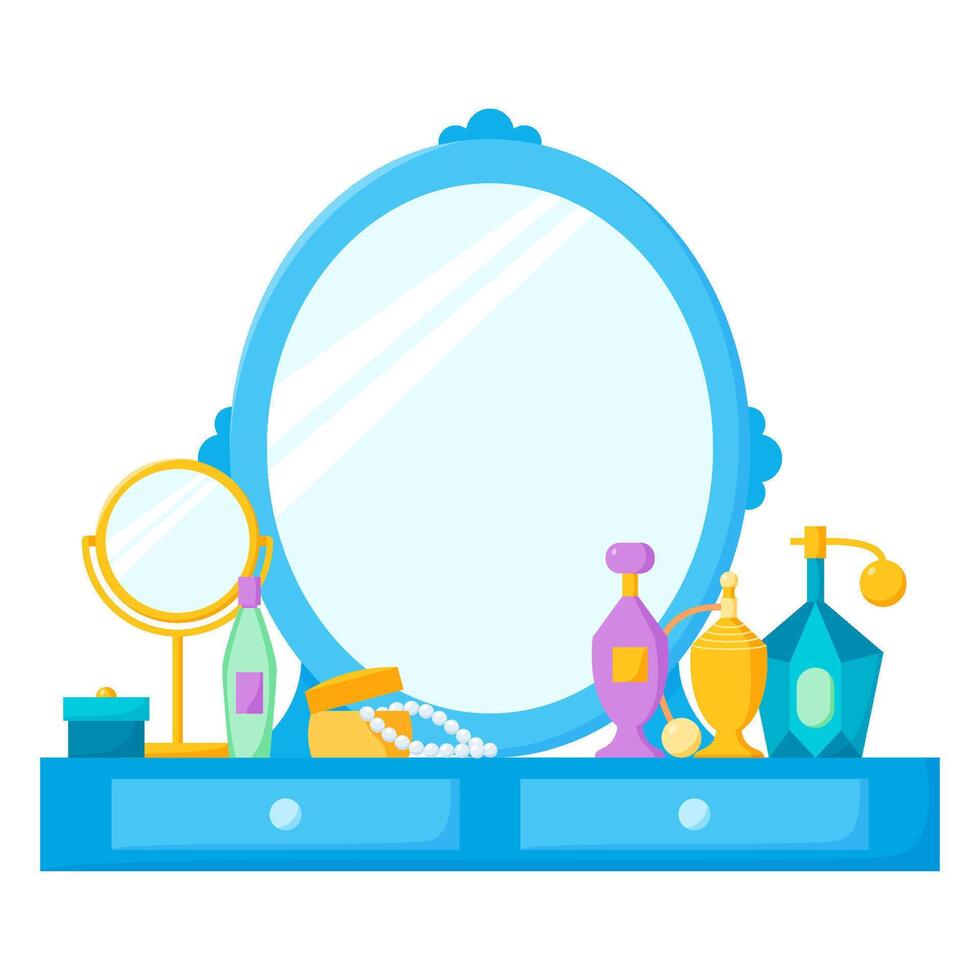 Dressing table with mirror, female boudoir with cosmetics, perfume and jewellery box. illustration in flat style vector