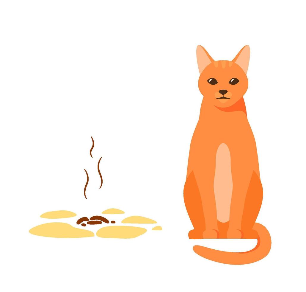 Cat sitting near its poop. Badly behaved pet going to toilet on floor. Pet toilet hygiene concept. Bad smell. Flat style vector