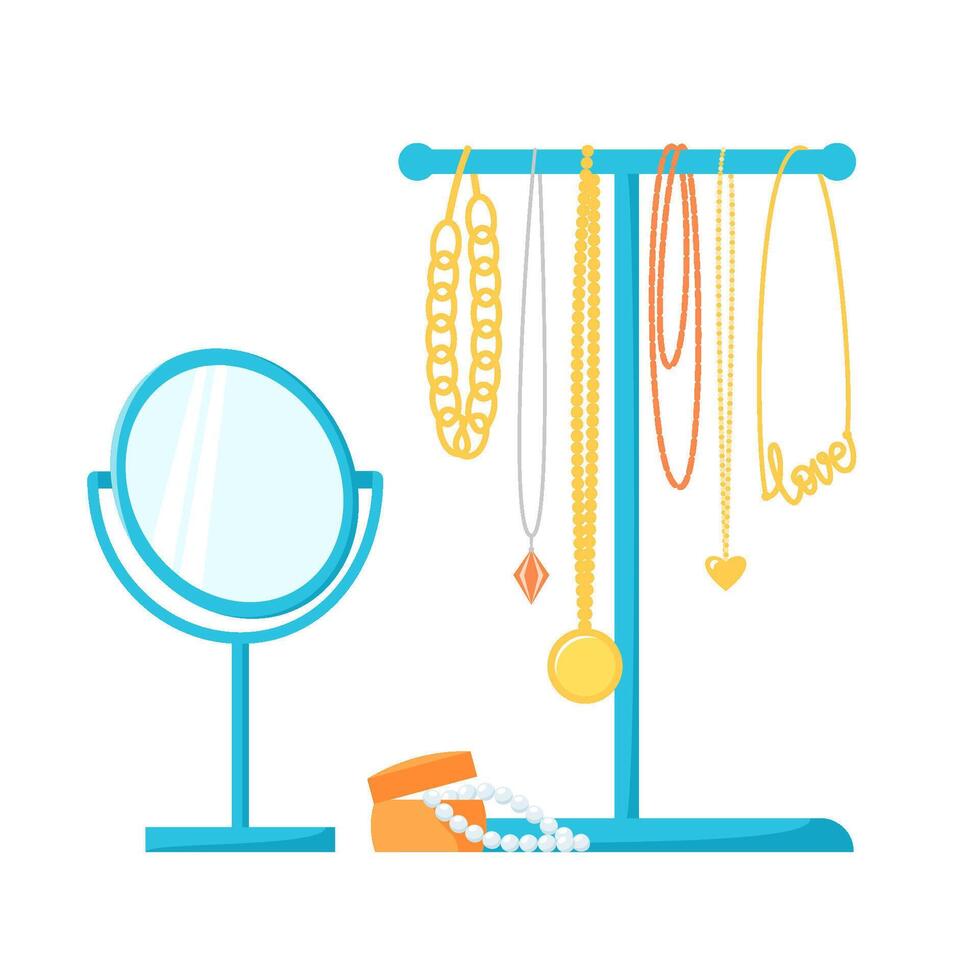 Jewelry holder with different necklaces, chains, beads. Jewellery stand, round table mirror and pearls in box. Flat illustration vector