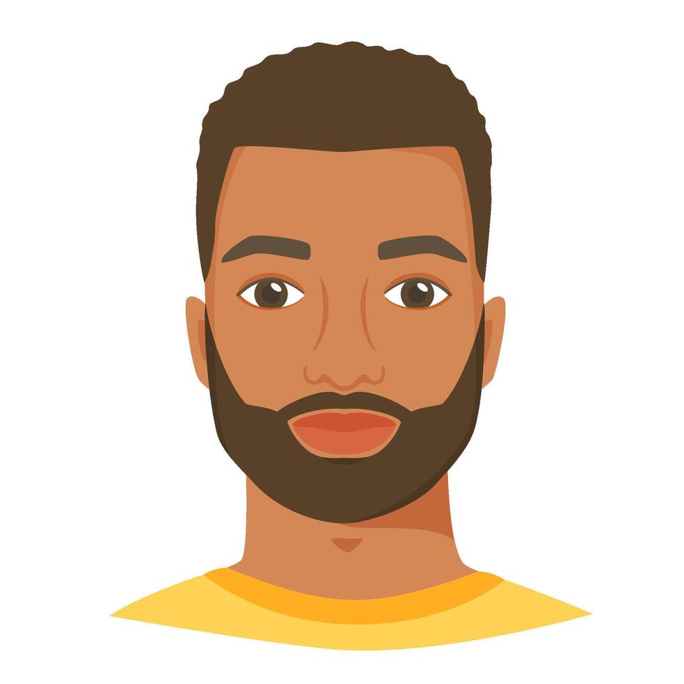Young black man face with beard. Male portrait or avatar in flat style. Front view. vector