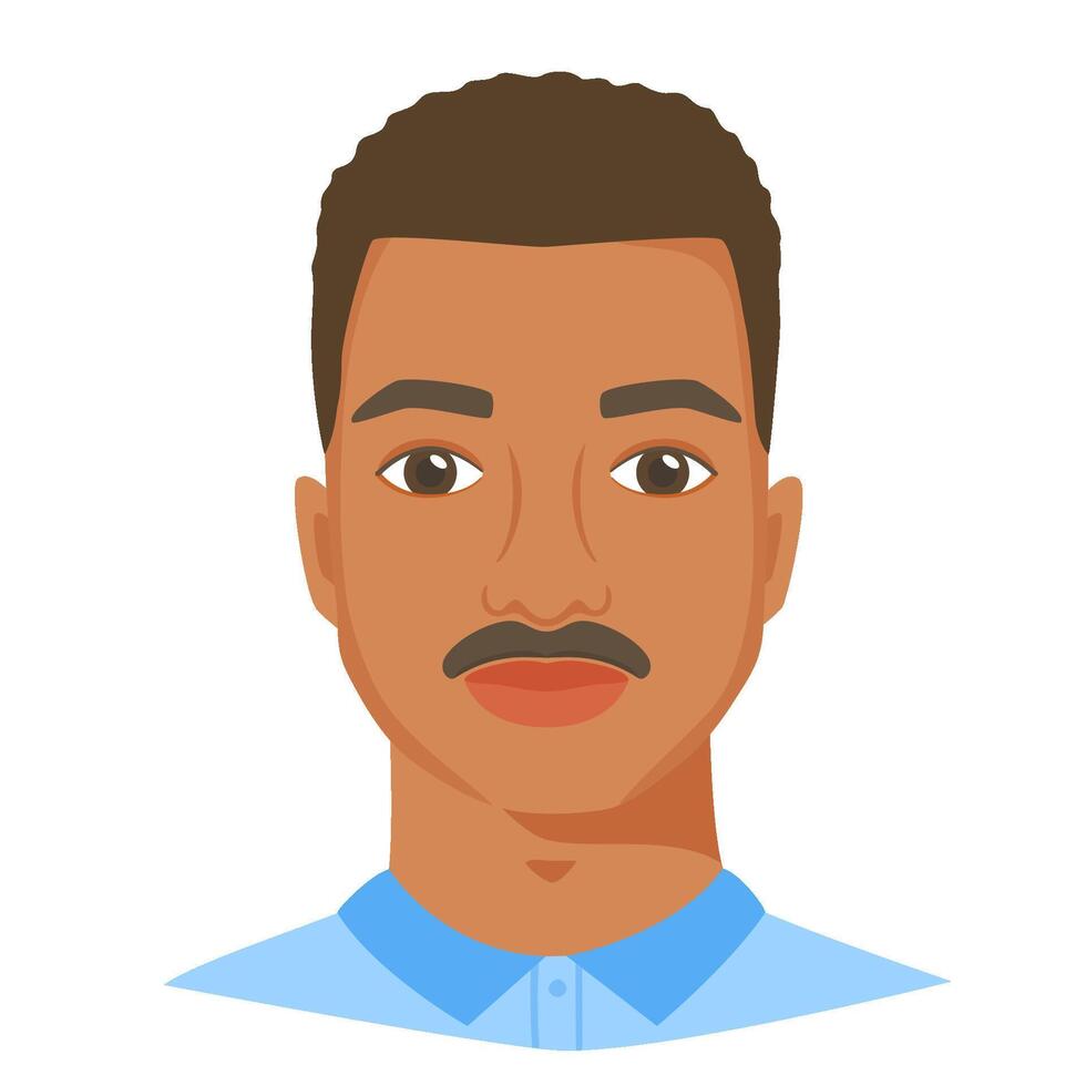 Young black man face with moustache. Male portrait or avatar in flat style. Front view. vector