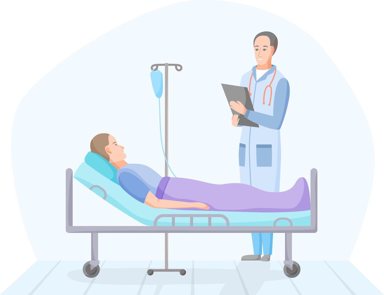 Patient and doctor in hospital room, person on intravenous therapy treatment, ill men on recovery in clinic, healthcare concept, vector