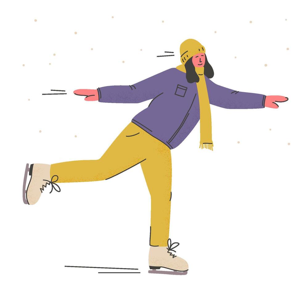 Happy woman in warm clothes ice skating. Person skating on rank when snowing. Winter activity and active rest. vector