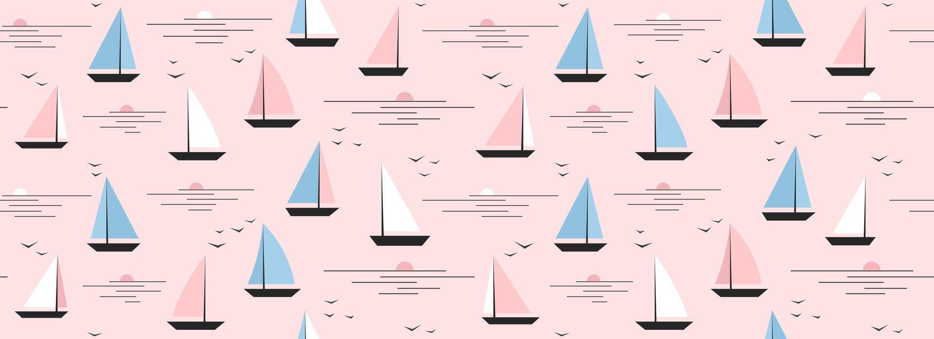 Cute boat seamless pattern. Summer marine repeated background. Pink nautical print for textile, fabric. Small cartoon yacht and birds in still water ocean. Baby nursery pattern. vector