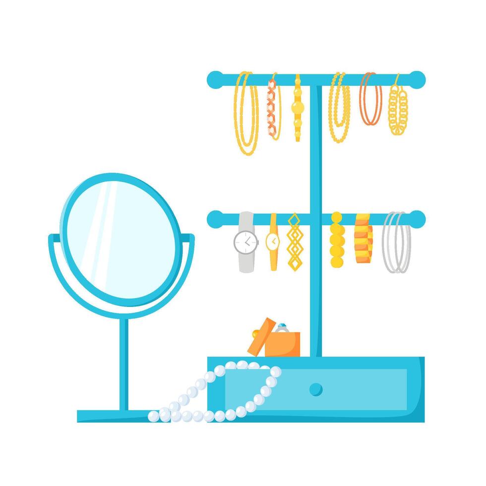 Jewelry holder with different accessories, bracelets, watches, beads. Jewellery stand, round table mirror and pearls in drawer. Flat illustration. vector