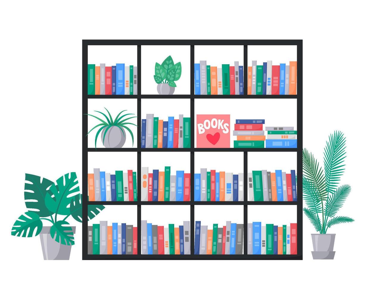 Bookcase with book collection on shelves. Stacks of colourful books. Interior with home plants. vector