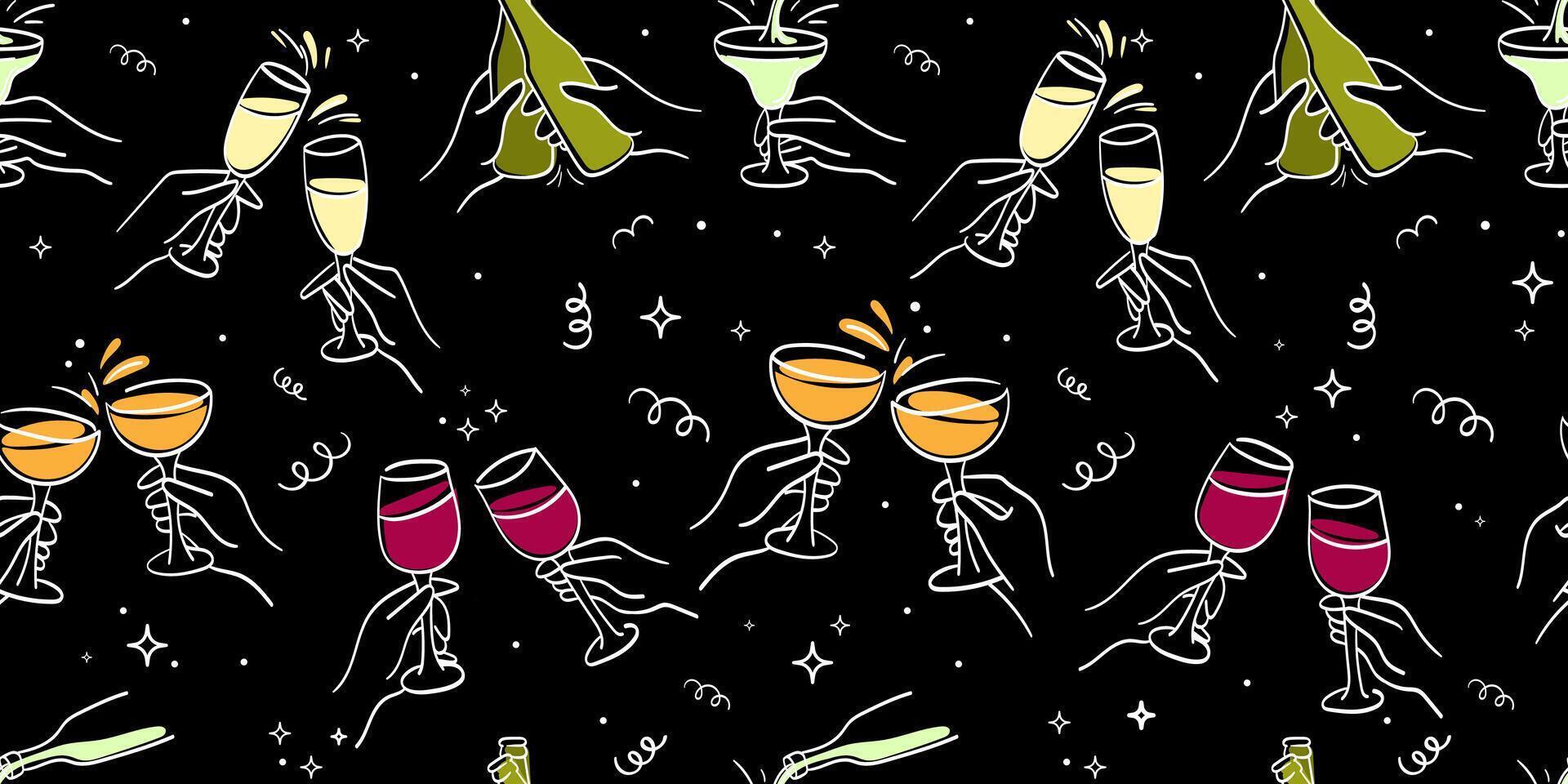 Seamless pattern with colorful wine glasses, champagne bottles, cocktails, and hands toasting, drawn in minimalist line art, ideal for party decor, packaging, festive designs.Clinking Glasses vector