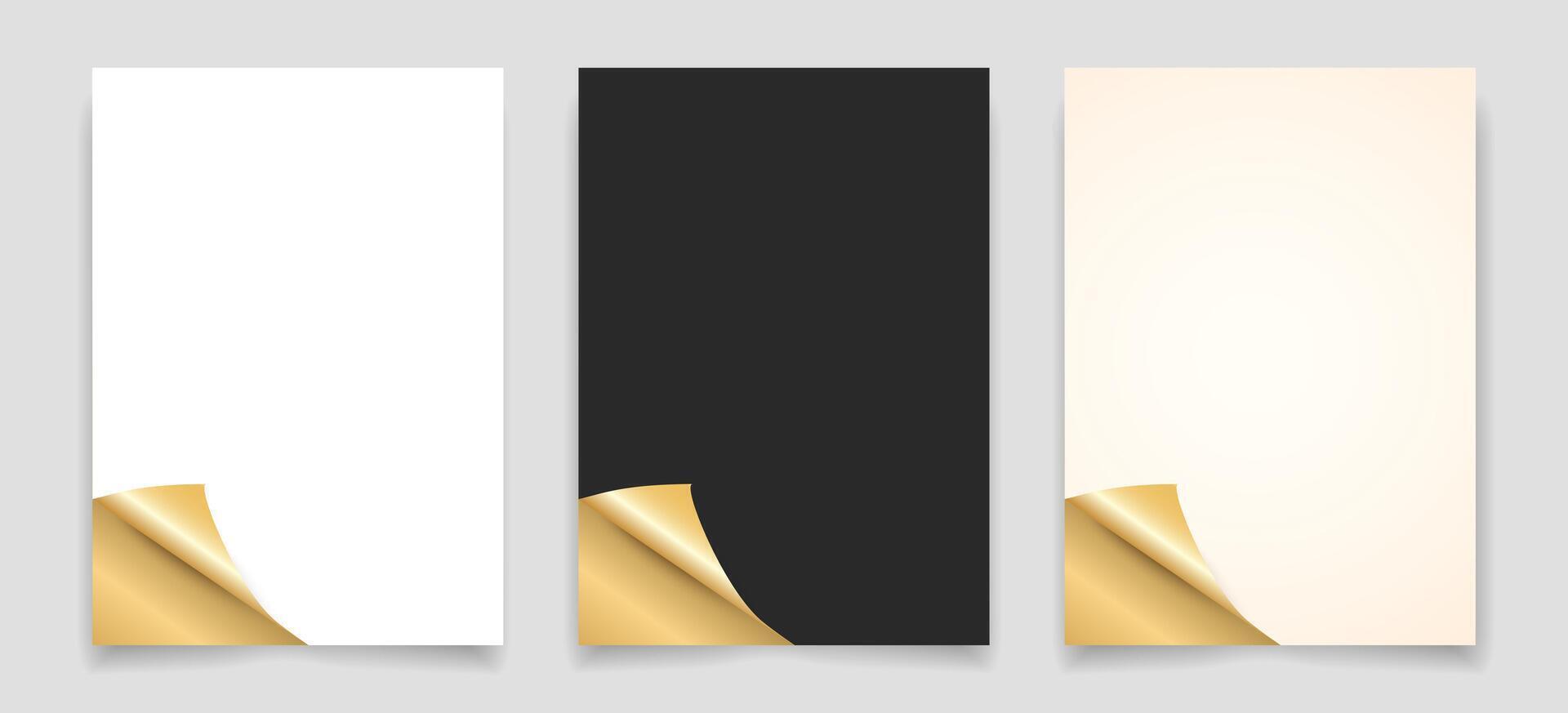 Realistic paper templates set with curled golden corners in white, black, and beige set, perfect for luxury branding, invitations, packaging design, product mockups, and business stationery. vector