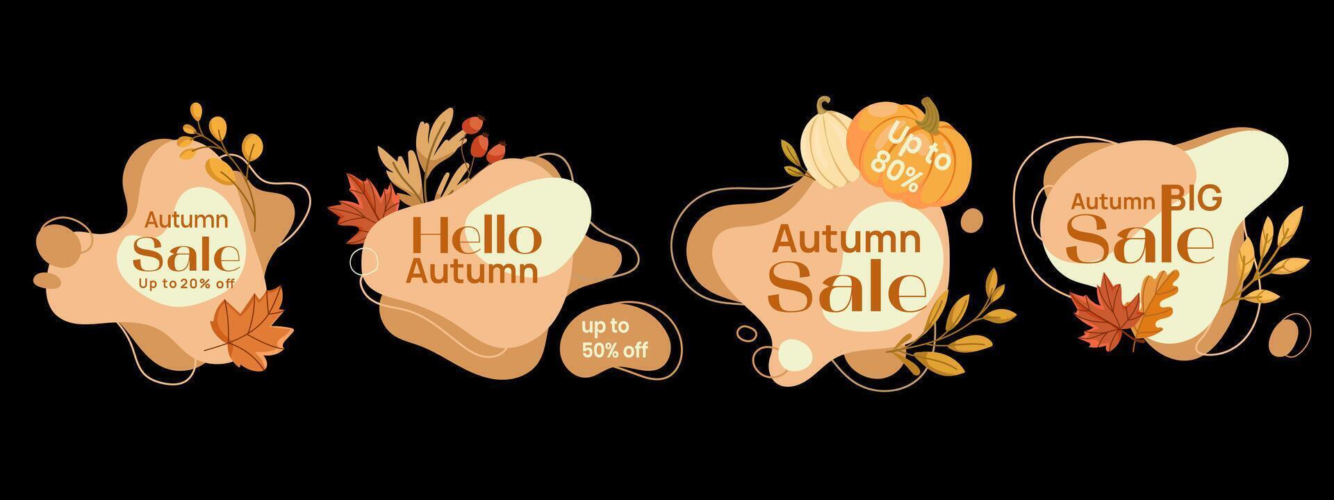 Autumn Sale banners set with leaves, pumpkins, and promotional text in warm colors. Sale Labels for e-commerce ads, social media promotions, website headers, email marketing, flyers. graphics vector