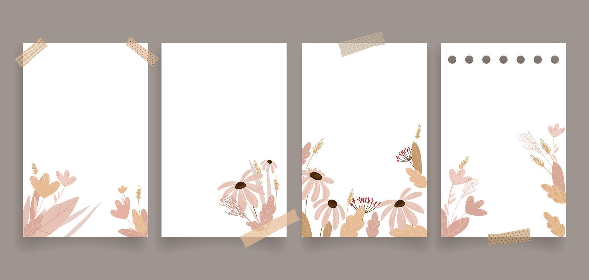 Minimal Autumn Floral Note Paper Templates set with torn tape effects, ideal for printable stationery, journaling, planners, digital scrapbooking, invitations, and note taking apps. illustration vector