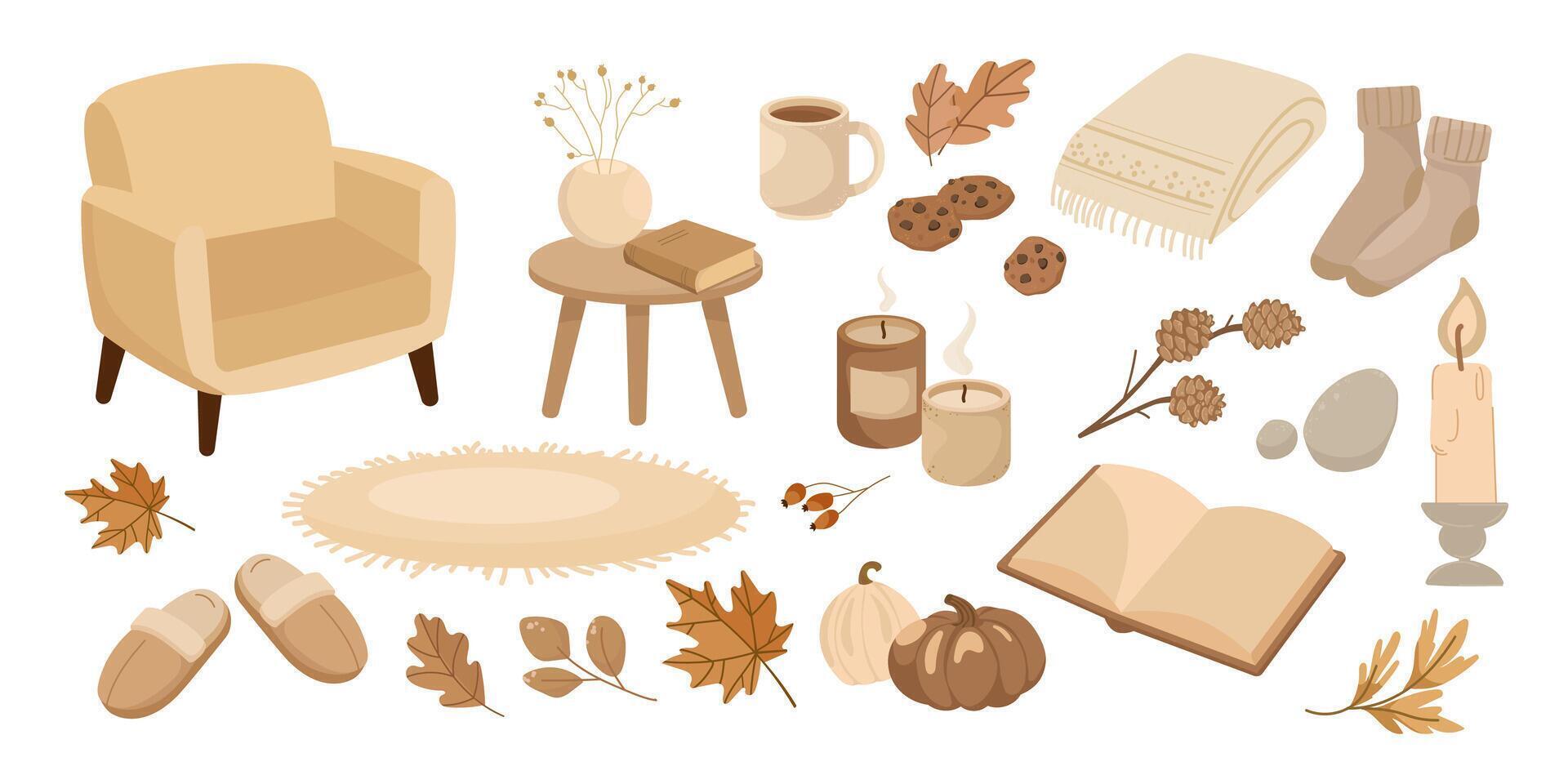 Cozy autumn home decor items vector