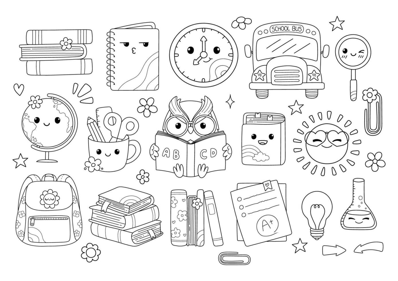 Back to School, Teacher Elements Doodle Cartoon Style Hand Drawn Outline Coloring Page vector