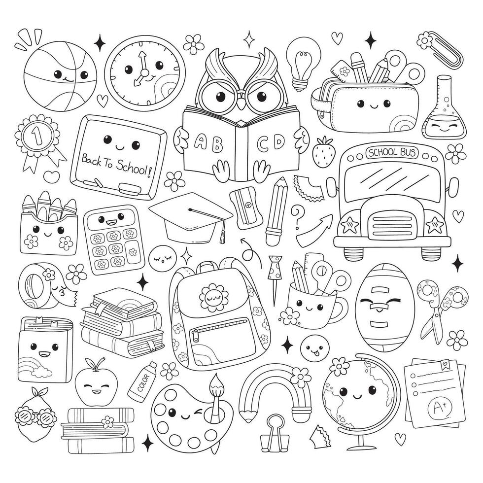 Back to School, Teacher Elements Doodle Cartoon Style Hand Drawn Outline vector