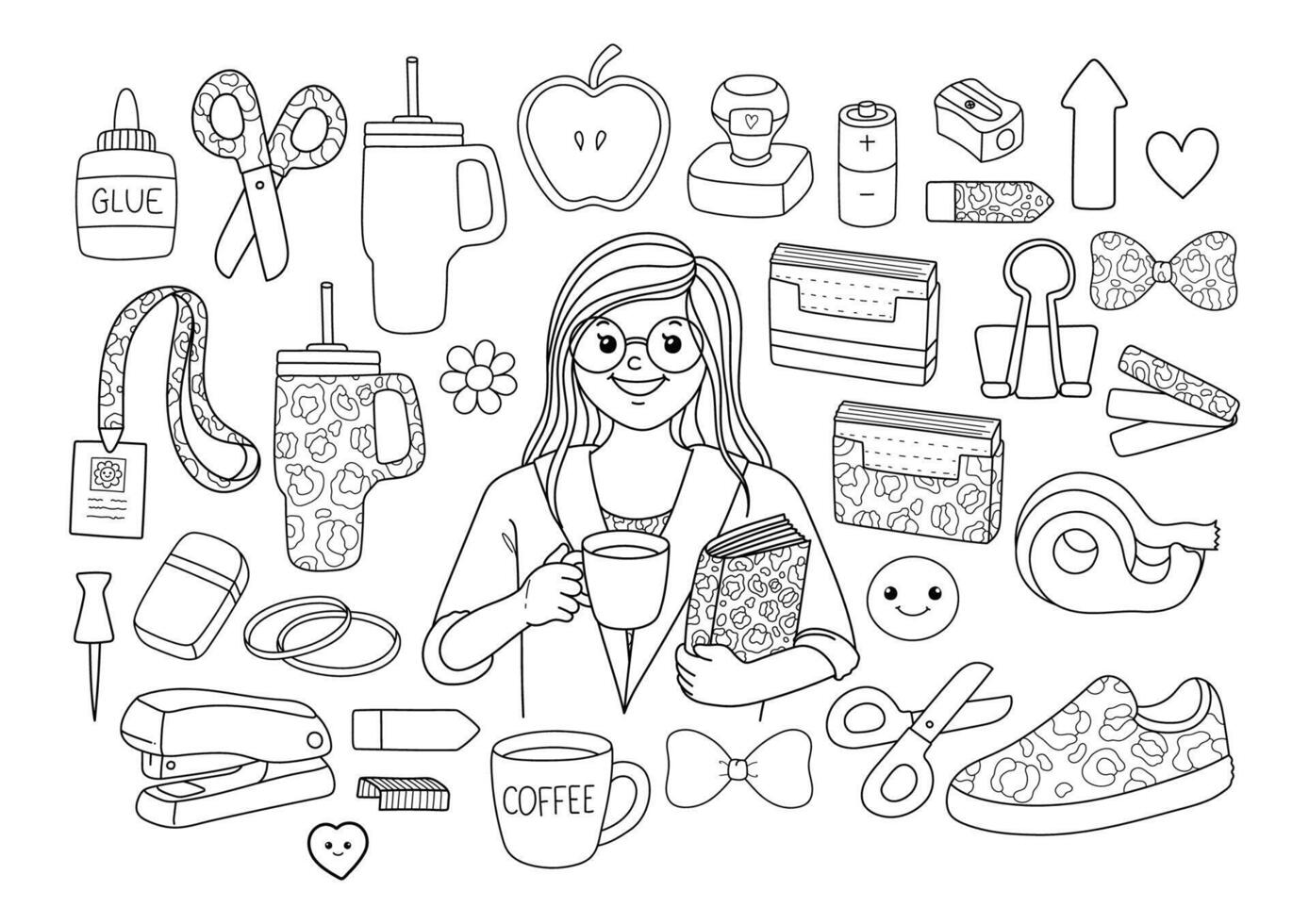 Back to school Elements Doodle Cartoon Style Hand Drawn Outline Coloring Page vector
