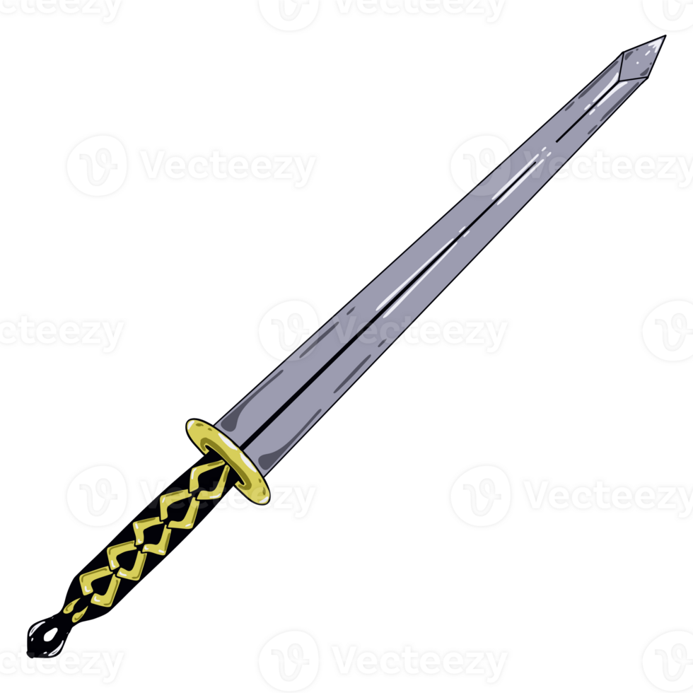 Fantasy Silver Sword with Golden Hilt on Transparent Background png