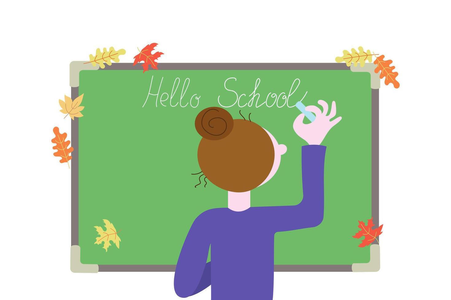 Woman, teacher writes on school board with chalk. Text, calligraphy inscription with chalk on the board. Chalkboard. Hello school, phrase. Autumn leaves. flat illustration, background isolated. vector