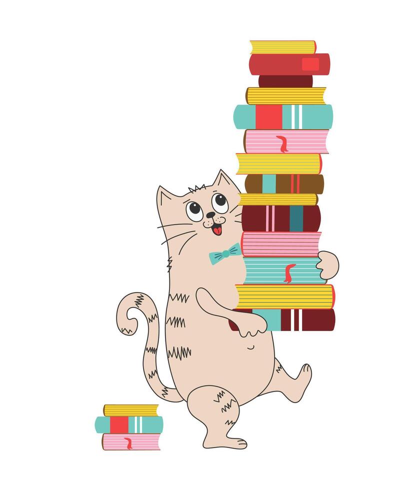 Cartoon cat with big stack of books. Knowledge day, study, school. World book day, copyright. Reading, literacy concepts. vector