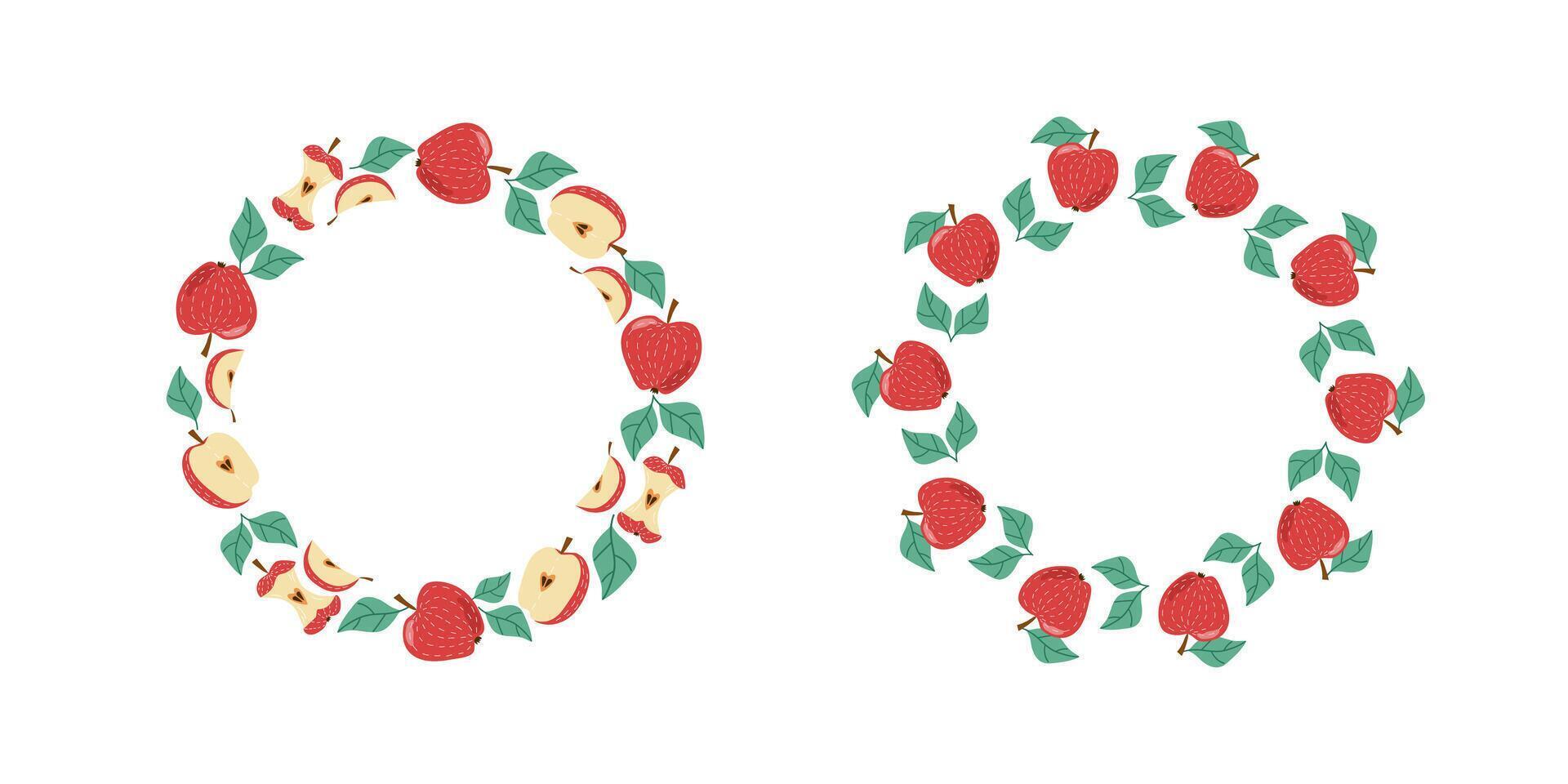 Apples, whole and halves fruit. Banner, set round frame. Doodle, colorful icons, illustration for menu design, bar, cafe, recipes, restaurant. Place for text. Illustration, isolated background. vector