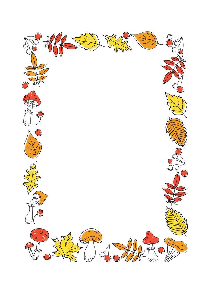Frame, banner vertical, rectangular, autumn leaves, fly agarics, mushrooms, berries. Natural background with flying leaves. Place for text, postcard, invitation. Harvest festival. Leaf fall. Doodle. vector