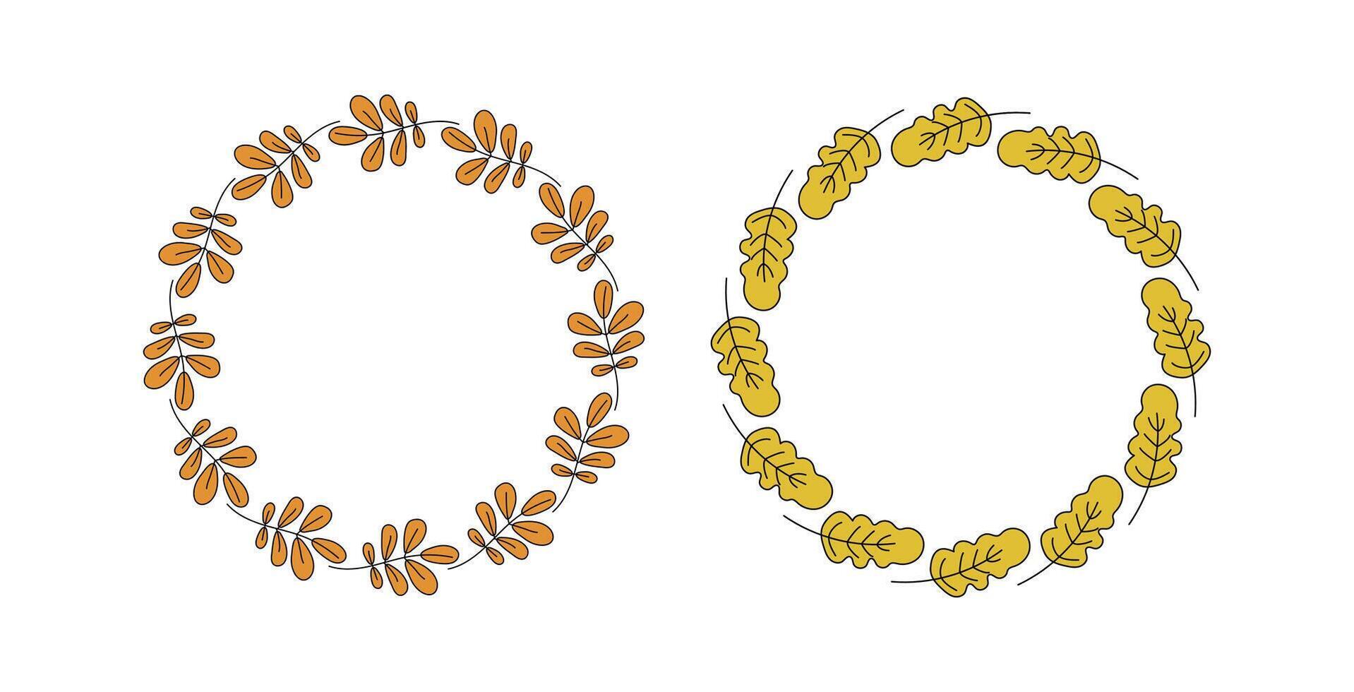 Frame round, banner autumn. Abstract autumn leaves, wreath, leaf fall. Welcome, hello autumn, inscription. Hand lettering, doodle, drawings. Natural botanical background. vector