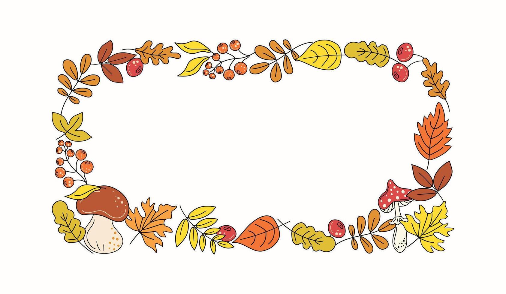 Autumn set. Rectangular frame, plant border. Leaves, mushrooms, berries. Leaf fall. Fly agaric, doodles, drawings, sketch. Natural botanical illustration. White isolated background. vector