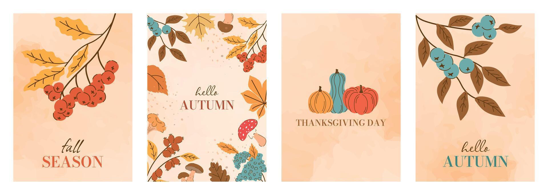 Autumn Posters or Cards with Leaves Branches Mushrooms Pumpkins on Watercolor Background. Modern Colorful Fall Templates or Covers in Autumn Colors. Trendy Fall Border Illustration Sale. vector