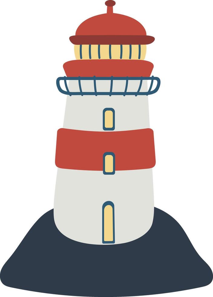 Cartoon-style lighthouse standing on a cliff by the sea vector