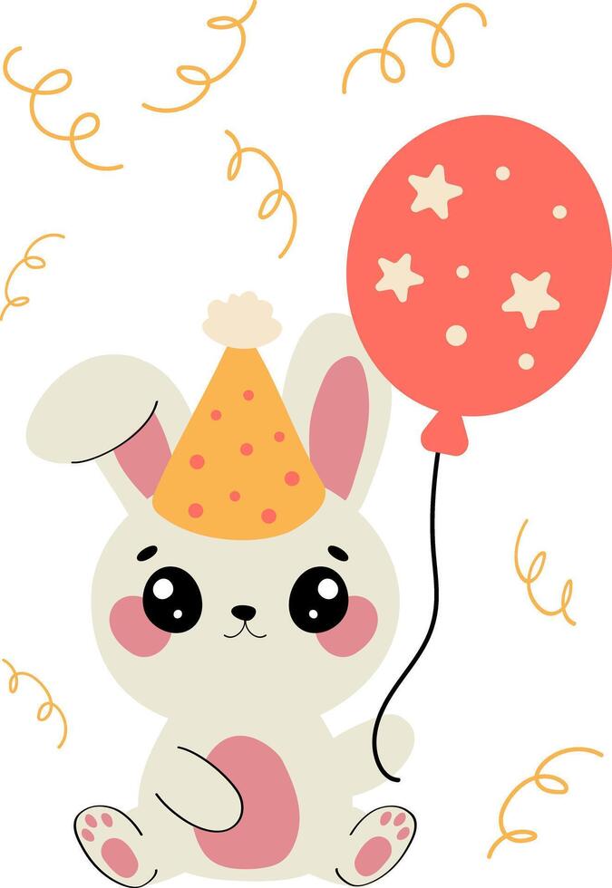 Cute baby bunny in party birthday hat with balloon illustration. Perfect for party designs, birthday events, carnivals, and holiday vector