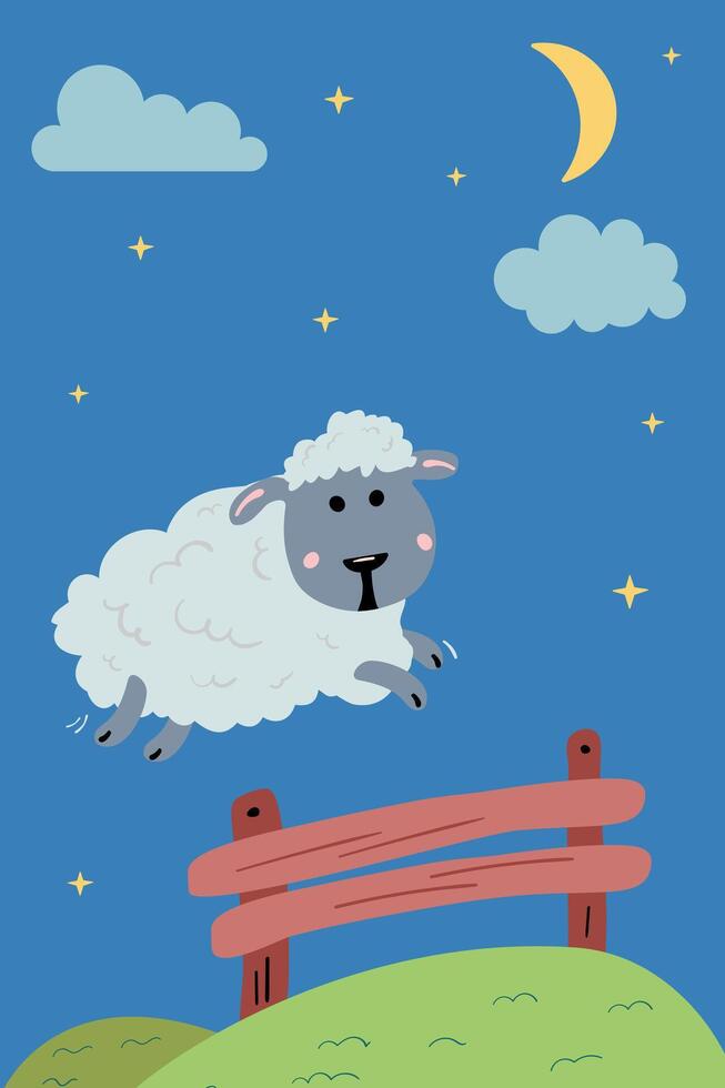 Cute sheep jumping over fence in dreamy night meadow. Perfect for nursery designs, baby cards, posters about sleep and dreams, or cute bedtime themes vector