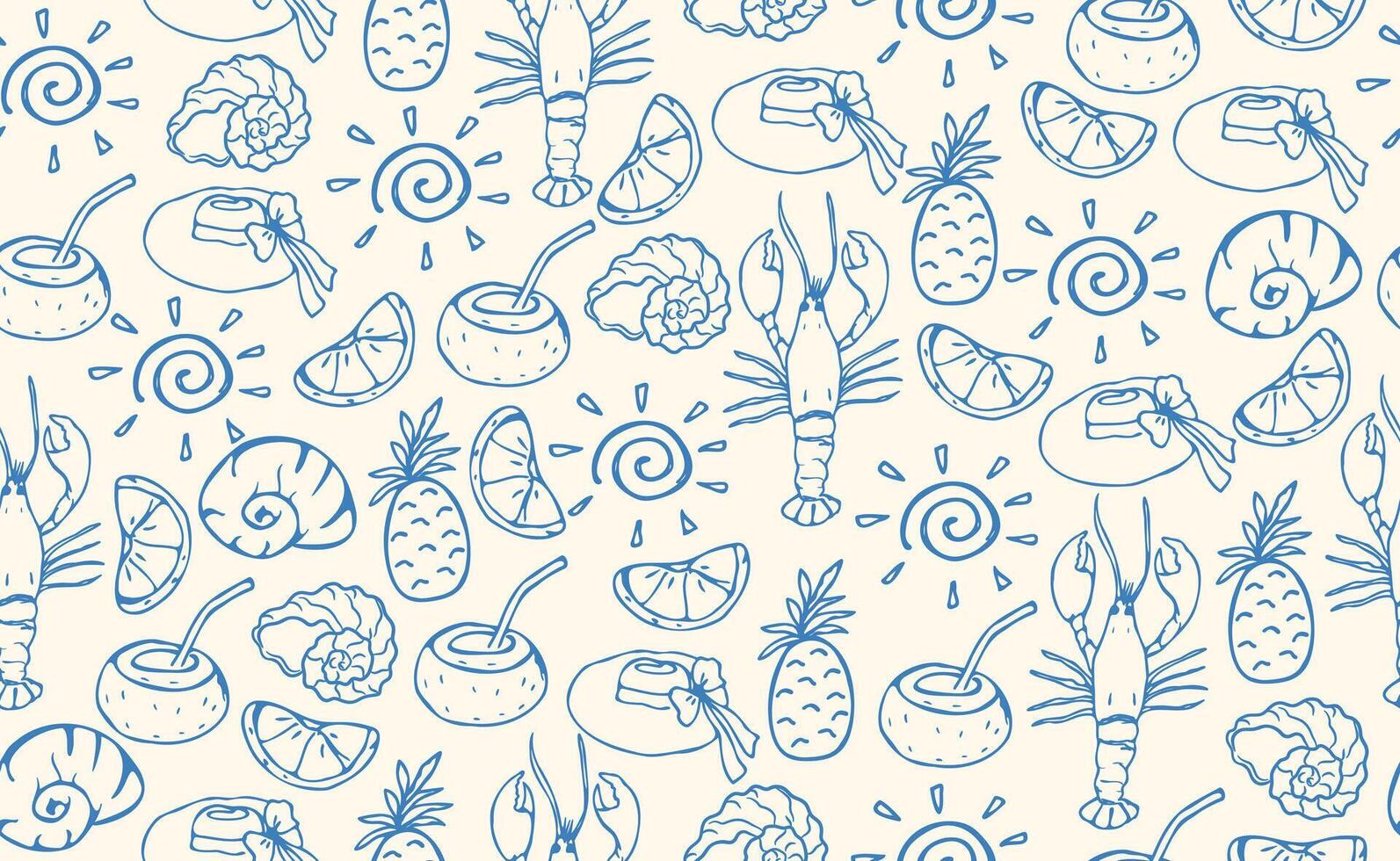 Hand drawn Italian Mediterranean seafood seamless pattern. Italy summer print, background with food, lobster, lemon, shell. Coast sea blue elements for Italy menu, wedding, sketch. illustration vector