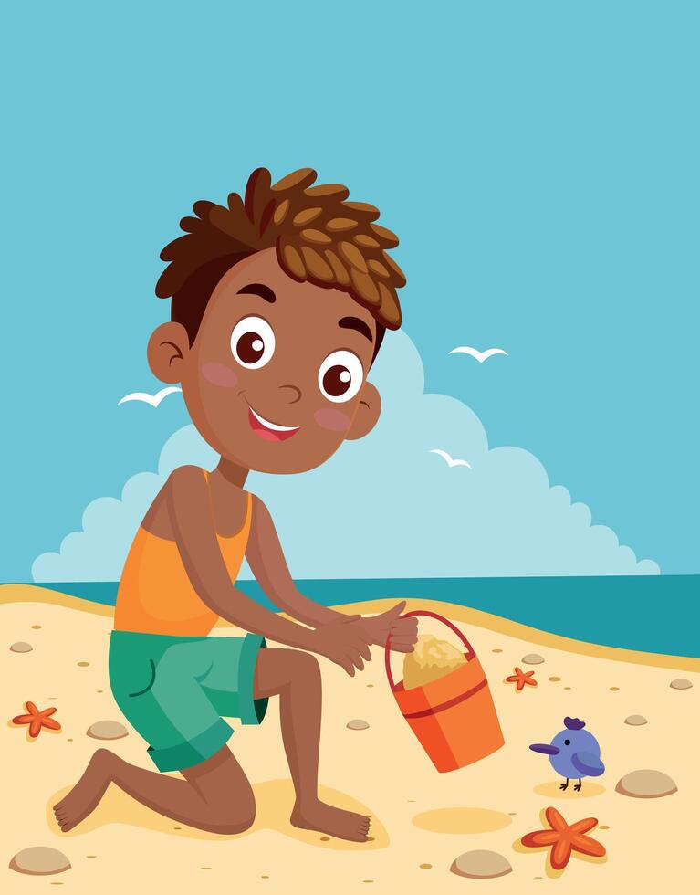 Boy playing on beach with bucket vector