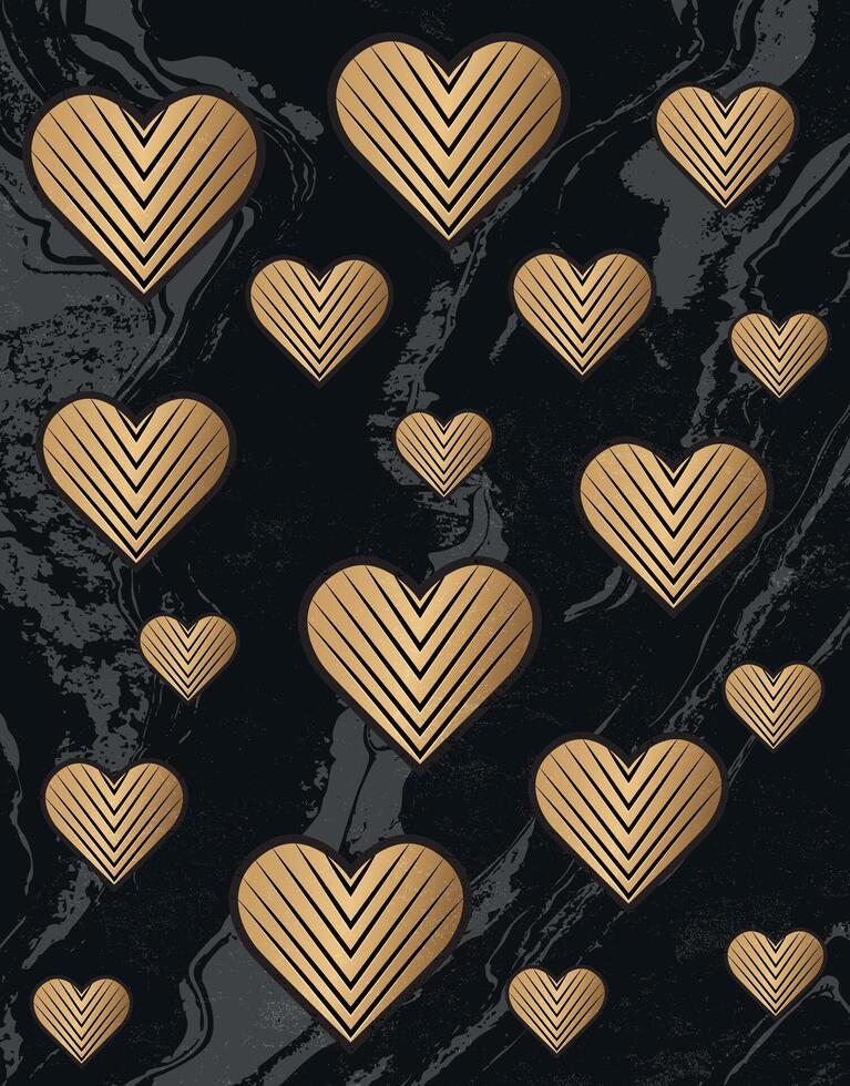 Gold Linear Hearts on Marble Black Background vector