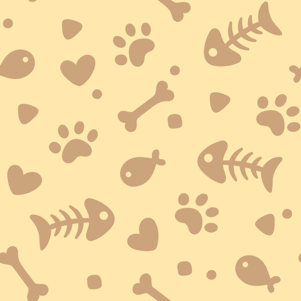 Pet paws and food seamless pattern, background. Cat and dog cartoon style illustration vector