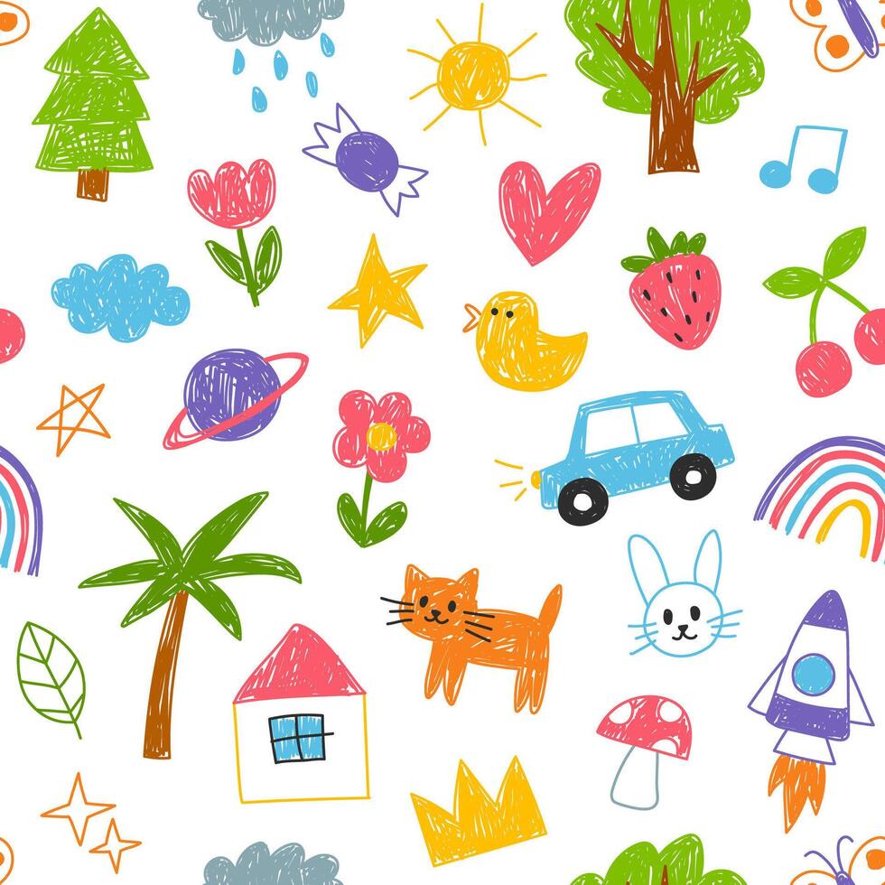 Kids, children doodles, drawings, scribbles seamless pattern, background. Set of hand-drawn illustrations vector
